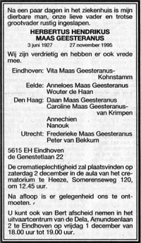 Overlijdensbericht H.H. (Bert) MG (1995)